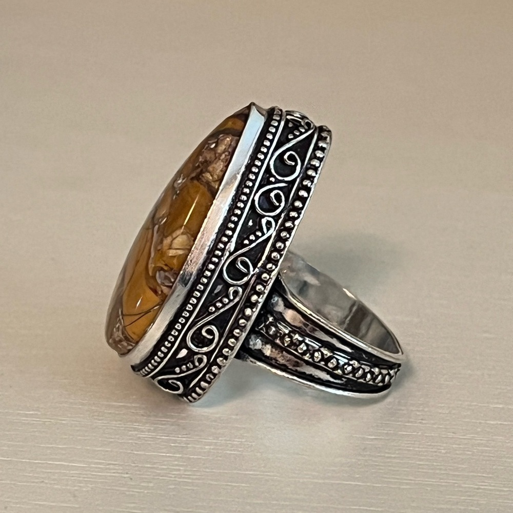 STATEMENT GEMSTONE RING SILVER OVERLAY BRECCIATED MOOKAITE SIZE 7.5-7.75 - Picture 3 of 7